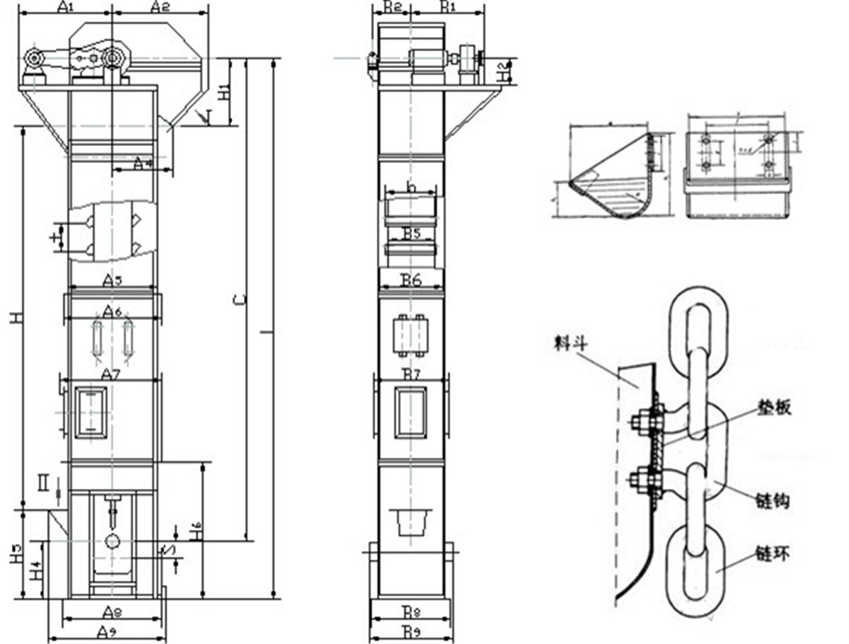 環(huán)鏈斗式提升機鏈條料斗裝配示意圖及安裝要求